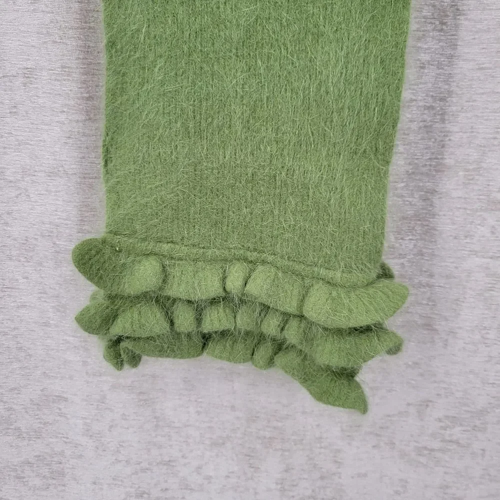 Angora Rabbit Fur Scarf in Spring Green with Ruffled Ends